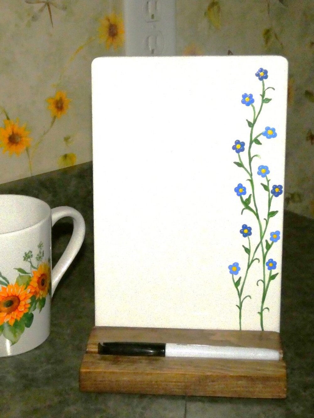 Blue Flower Ceramic Whiteboard, Dry Erase Message Board with Wood Stand